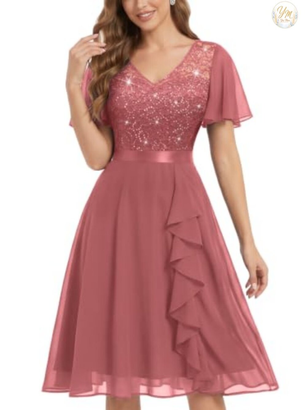 Miusol Sequin Lace V-Neck Flutter Sleeve Ruffle A-Line Cocktail Party Dress